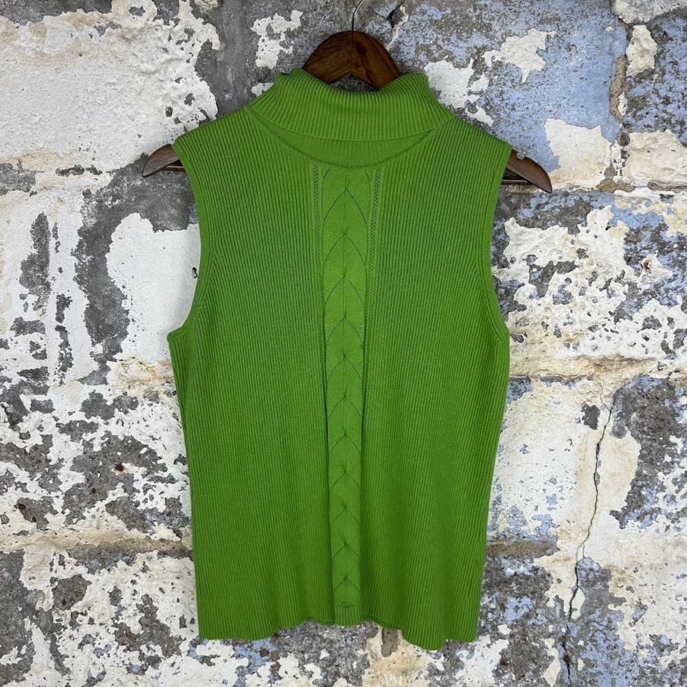 Vintage R.Q.T. Turtleneck Sweater Vest Green Ribbed Cable Knit Rayon Blend XL